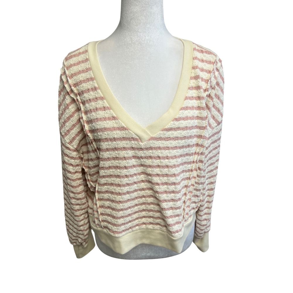 Originality Striped V-Neck Sweatshirt Womens Sz M Pink Cream Textured Pullover